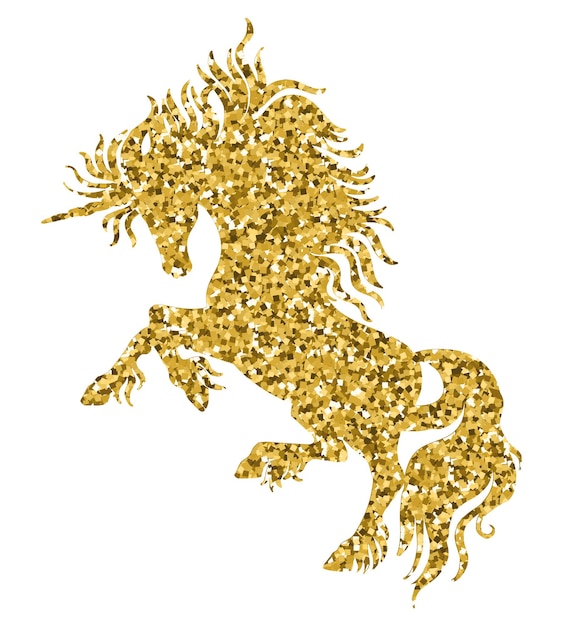 Schöne goldene silhouette des einhorns mit langer mähne. vektorillustrationsschablone lokalisiert auf weißem hintergrund. für druck, aufkleber, design, geschirr und kinderbekleidung, karten, anwendung und tätowierung.