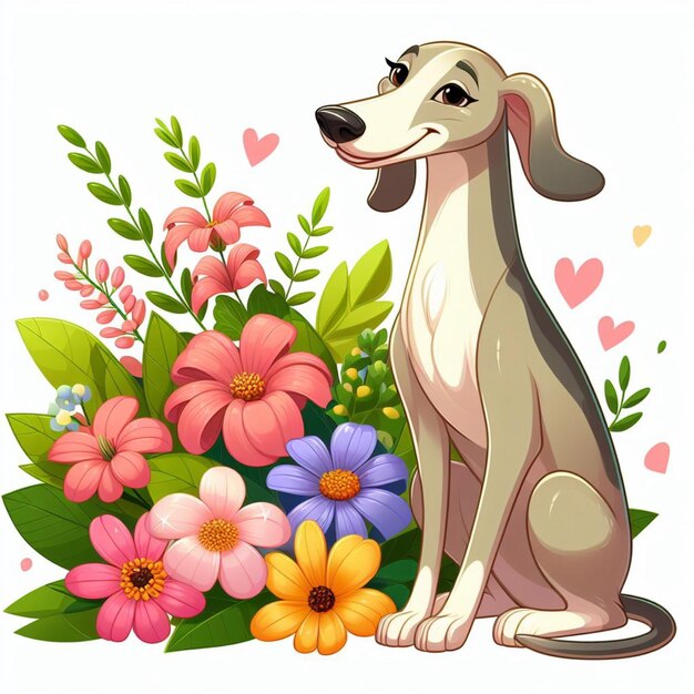 Schöne greyhound-hund und blumen-vektor-cartoon-illustration