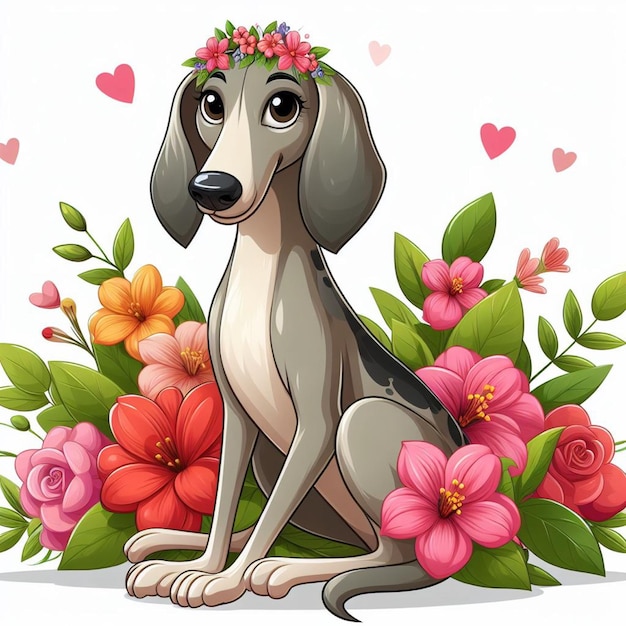 Schöne greyhound-hund und blumen-vektor-cartoon-illustration