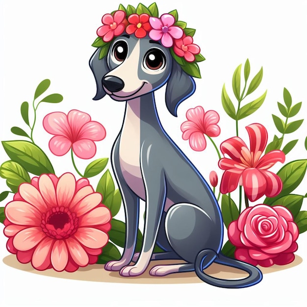 Schöne greyhound-hund und blumen-vektor-cartoon-illustration