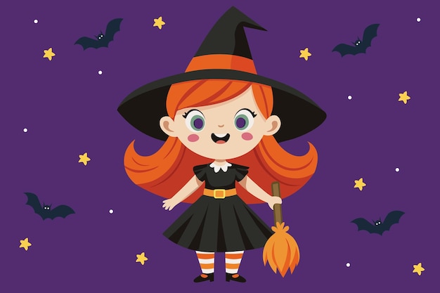 Schöne Halloween-Hexe mit Besenstock vor lila Hintergrund mit fliegenden Fledermäusen