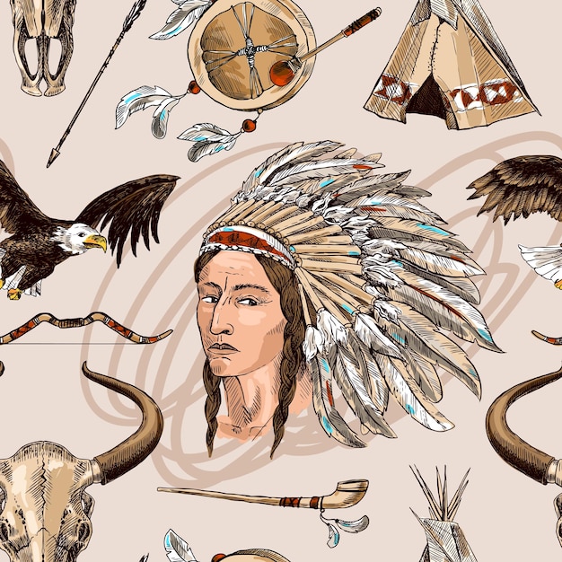 Schöne Han gezeichnete Skizze Musterdesign Indianer