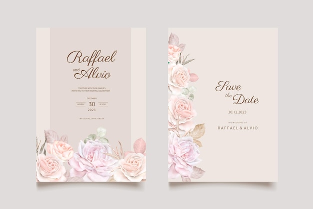 schöne handgezeichnete aquarellhochzeitseinladungsvorlage set blumen und blätter