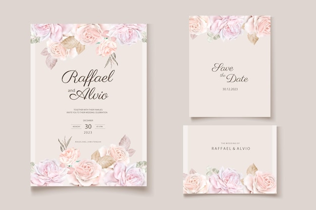 schöne handgezeichnete aquarellhochzeitseinladungsvorlage set blumen und blätter