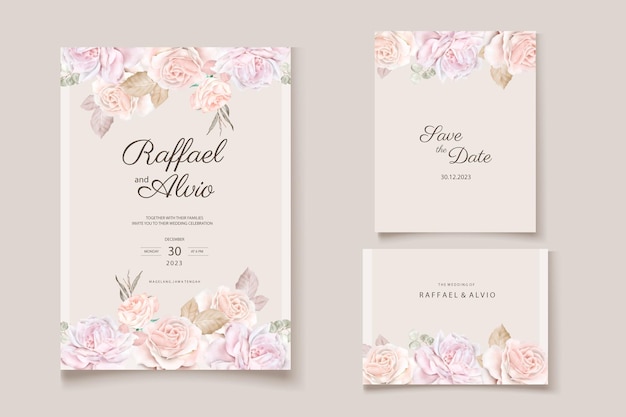 Vektor schöne handgezeichnete aquarellhochzeitseinladungsvorlage set blumen und blätter