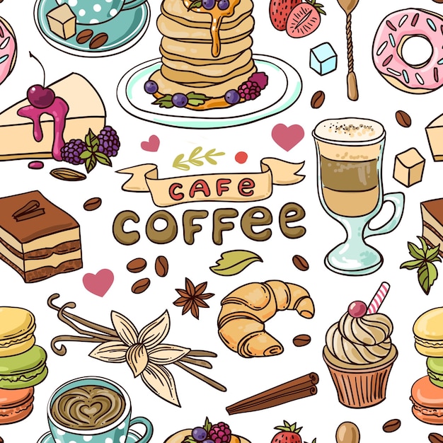 Schöne handgezeichnete vektorgrafik kaffee und süßigkeiten doodle-stil