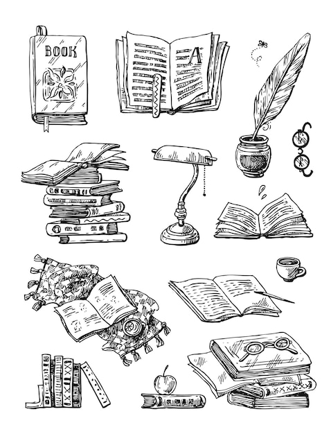 Schöne handgezeichnete Vektorillustration, die das Buch liest