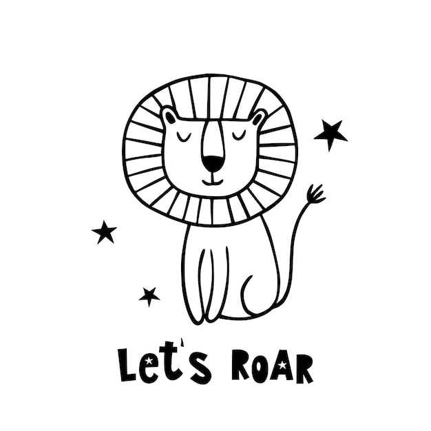 Vektor schöne handgezeichneter löwe mit buchstaben lets roar cartoon-sketch-vektorillustration