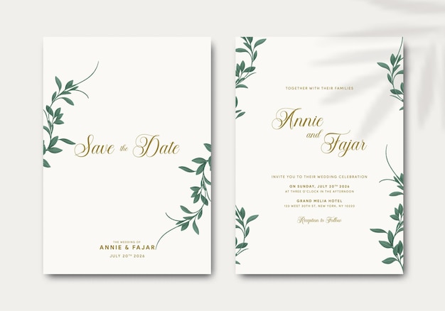 schöne Hochzeitseinladung mit Premium-Vektorillustration der Blätterillustration