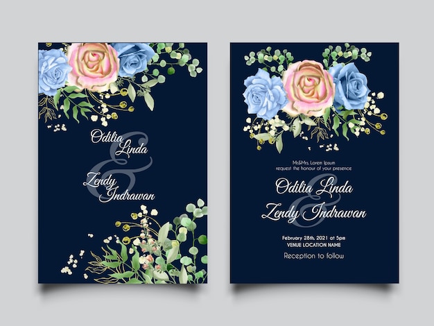 Schöne hochzeitseinladungssetkarte mit blauen rosen und verlässt aquarell
