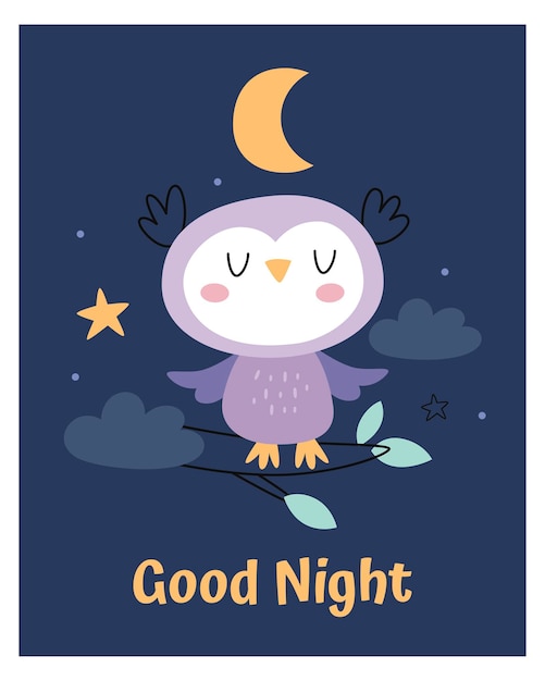 Schöne Illustration einer Eule Poster für ein Kinderzimmer Guten Morgen Mondwolken und Sterne