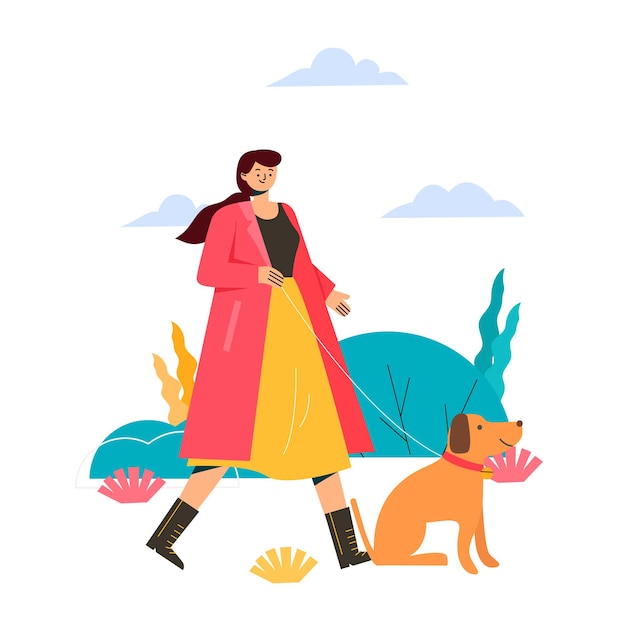 Schöne Illustration einer Frau, die ihren Hund draußen geht