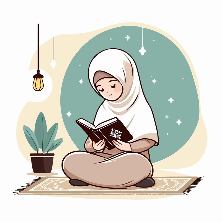 Schöne Illustration einer islamischen Ramadan-Frau, die den Koran liest
