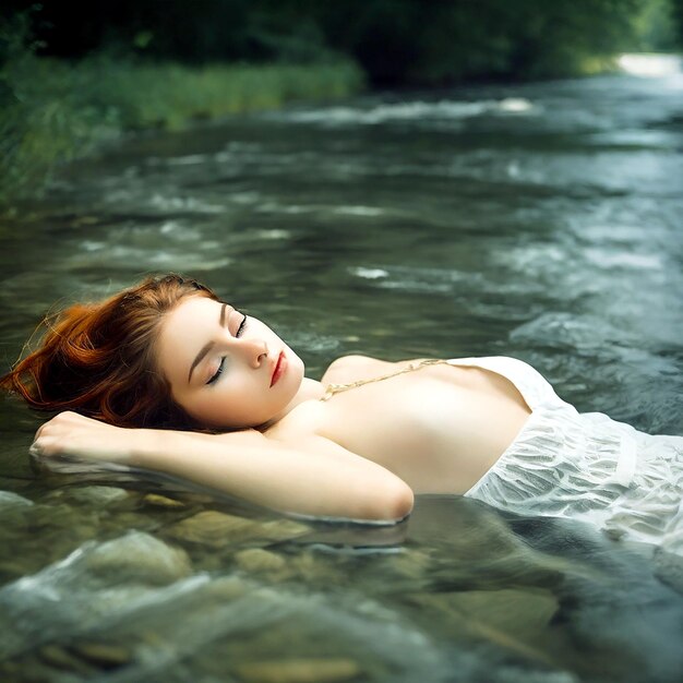 Vektor schöne junge frau in weißem kleid in der nähe des wasserstroms, ländliche szene, schönheit in der natur.