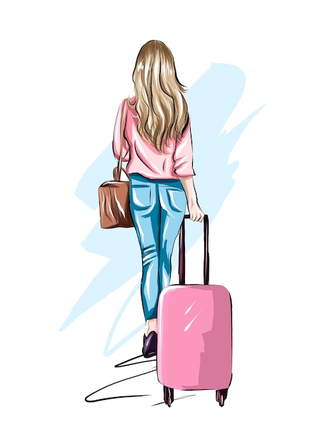 Schöne junge frau mit koffer stilvolles mädchen reist farbige zeichnung realistisch