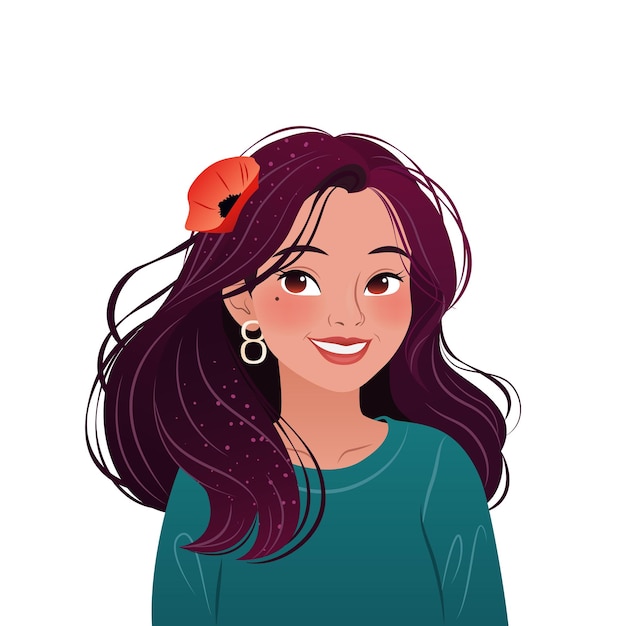 Schöne junge Frau mit Mohnblumen im Haar lächelnd Vektorillustration für Druckauflagen