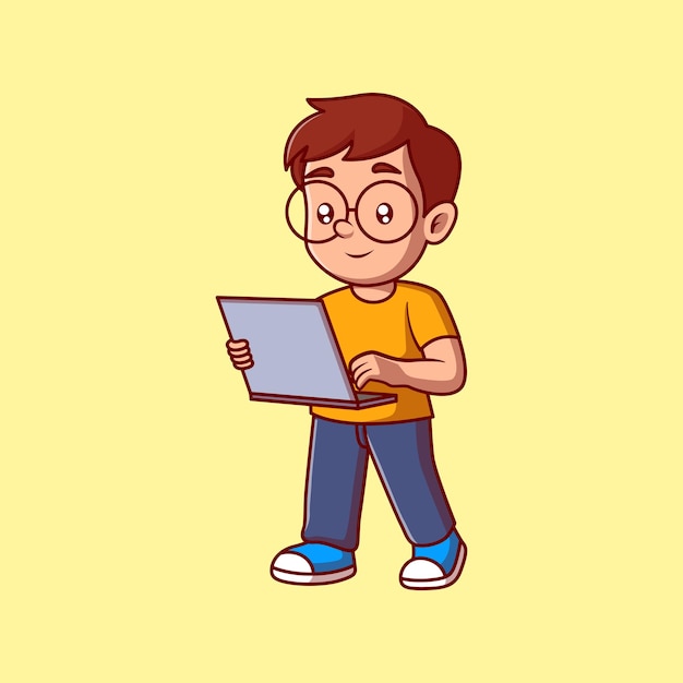 Schöne Junge hält einen Laptop Bildung mit pädagogischem Thema