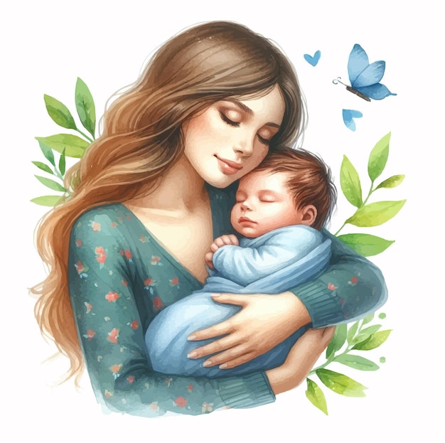Schöne junge Mutter mit ihrem Neugeborenen Aquarell-Illustration