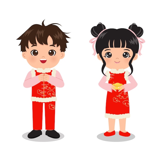 Vektor schöne jungen und mädchen feiern das chinesische neujahr in traditionellen kostümen