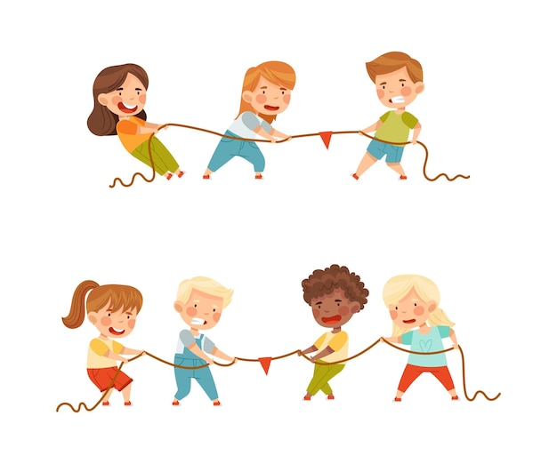 Schöne Jungen und Mädchen ziehen Seil-Set-Tug-of-War-Wettbewerb zwischen Kinder-Teams Vektor-Illustration