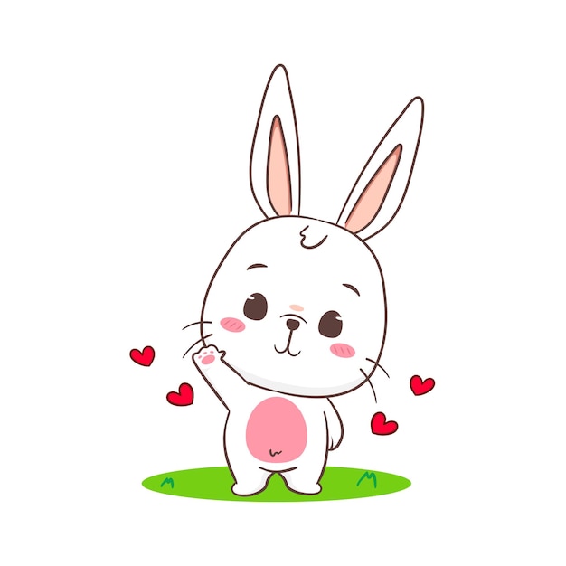 Schöne Kaninchen-Cartoon-Grüßposition, die mit der Hand winkt, entzückender Kaninchencharakter, Kawaii-Tierkonzept