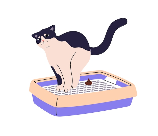Schöne Katze, die versucht, in einen Sandkasten zu kacken, Spaßvolles Kätzchen sitzt in der Katzentasche und schiebt, Lustige Kätzchen, das sich in der Toilette für Haustiere anstrengt, Verhalten von Haustieren, flache isolierte Vektorillustration auf weißem Hintergrund
