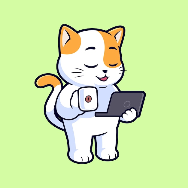 Vektor schöne katze hält einen laptop mit einer tasse kaffee cartoon-vektor-ikonen-illustration flach-stil-tier-cartoon