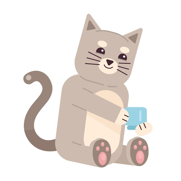 Vektor schöne katze mit kaffeetasse in halb flacher farbe vektorcharakter glückliche katze trinkt tee bearbeitbares ganzkörperliches tier auf weiß einfache cartoon-spot-illustration für web-grafikdesign