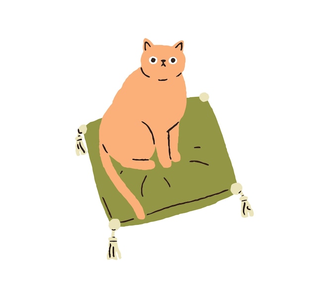 Vektor schöne katze sitzt auf einem kissen, lustige kätzchen starrt an, liebenswertes kawaii-kätzchen auf einem weichen kissen, schönes süßes hauskätzchen, flache vektorillustration, isoliert auf weißem hintergrund.