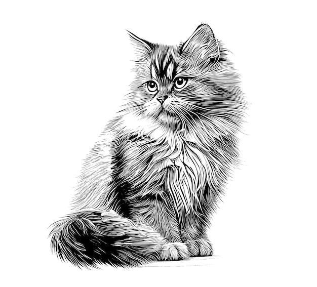 Schöne katze sitzt skizze gravur handgezeichnete vektor-illustration.