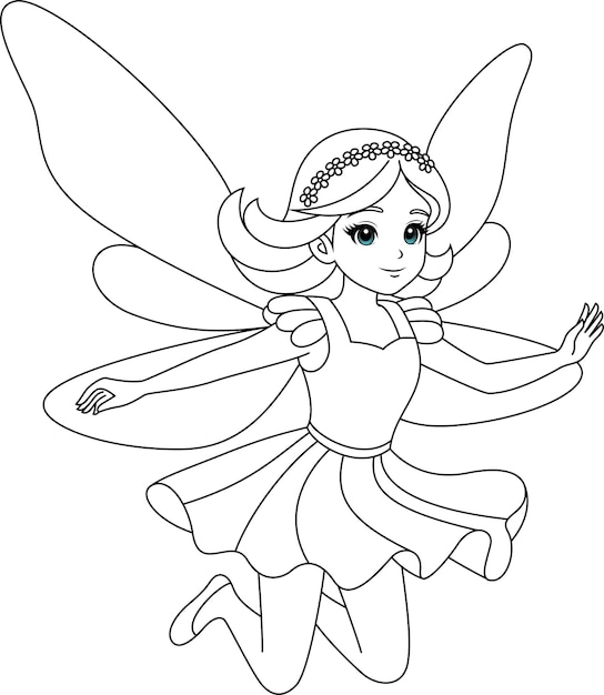 Schöne Kawaii-Fee mit funkelnden Flügeln, die fliegen, Umriss-Farbseite für Kinder