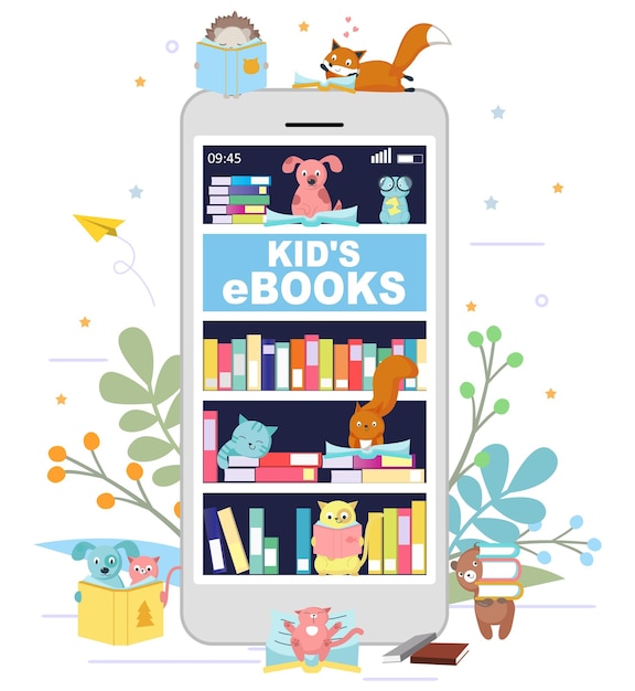 Schöne Kinder, Tiere, Charaktere, die das Lesen über eine E-Book-Mobilanwendung genießen