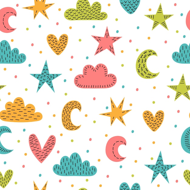 Schöne kindische nahtlose Muster mit handgezeichneten Designelementen Hintergrund im skandinavischen Stil