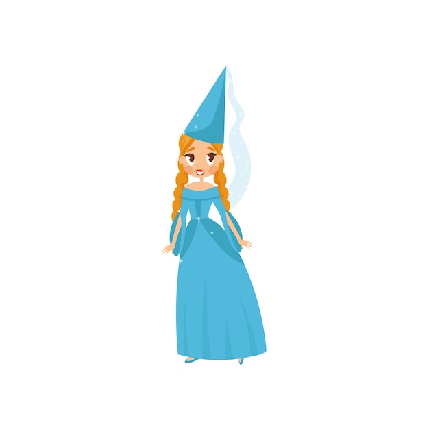 Vektor schöne kleine prinzessin in einem blauen kleid und in einem spitzen hut vector illustration auf einem weißen hintergrund