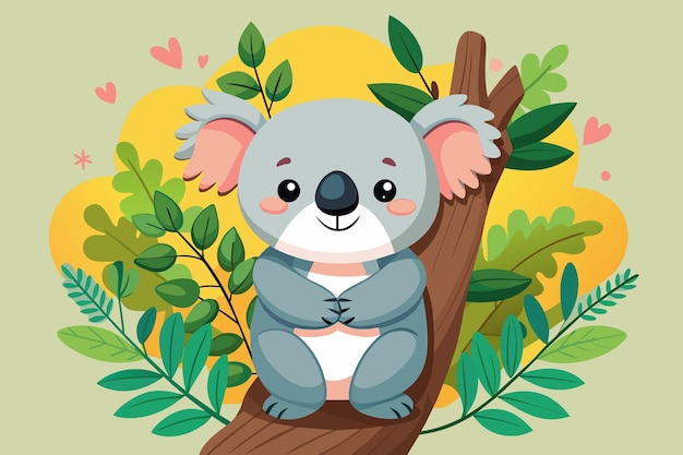Vektor schöne koala umarmt einen eukalyptusbaum