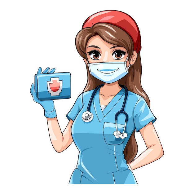 Schöne krankenschwester mit maske, die eine erste-hilfe-kiste in der hand hält
