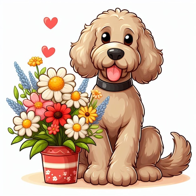 Schöne labradoodle-hund und blumen vektor-cartoon-illustration