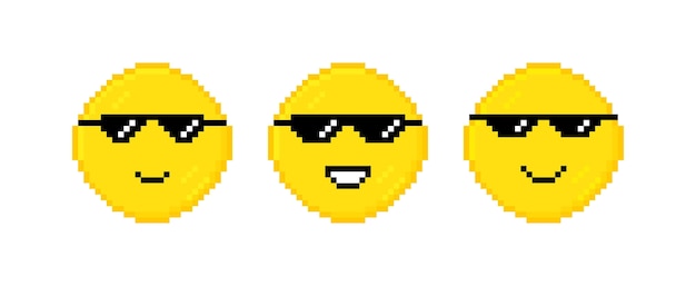 Vektor schöne lächeln in schwarzen pixelbrillen zeichentrickfigur in 8-bit-pixelkunst wie ein boss-meme-charakter