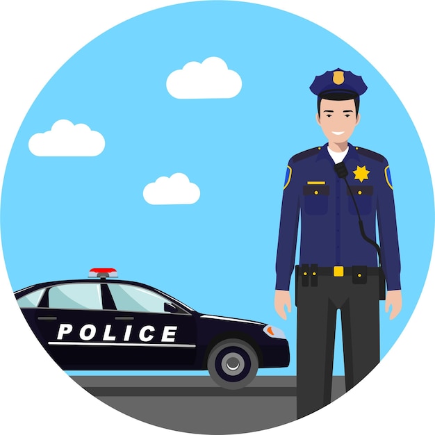 Schöne, lächelnde, stehende junge polizistin in uniform mit einem polizeiauto im flachen stil