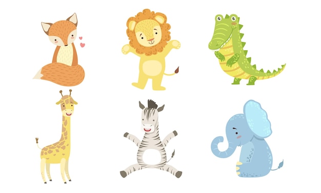 Schöne lächelnde Tiere Set Glücklicher Fuchs Löwe Krokodil Giraffe Zebra Elefant Vektor Illustration