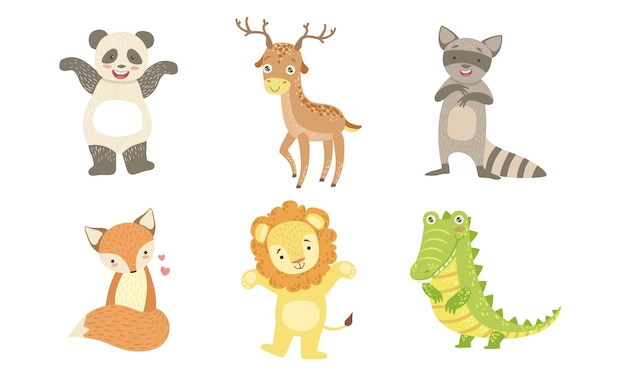 Schöne lächelnde Tiere Set Glücklicher Panda Hirsch Waschbär Fuchs Löwe Krokodil Vektor Illustration