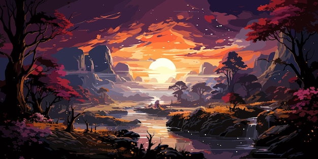 Vektor schöne landschaft des bunten waldes mit bäumen und blumen im frühling bei sonnenuntergang illustrationsmalerei