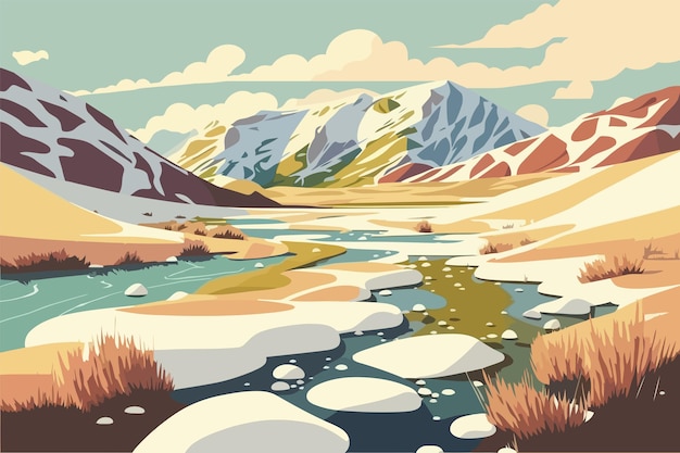 Schöne Landschaft mit Fluss und Bergen Vektorillustration im Retrostil