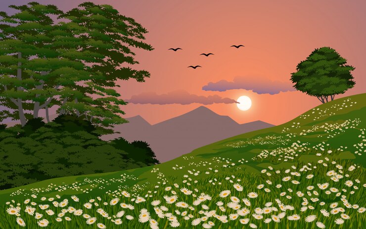 Vektor schöne landschaft sonnenuntergang illustration