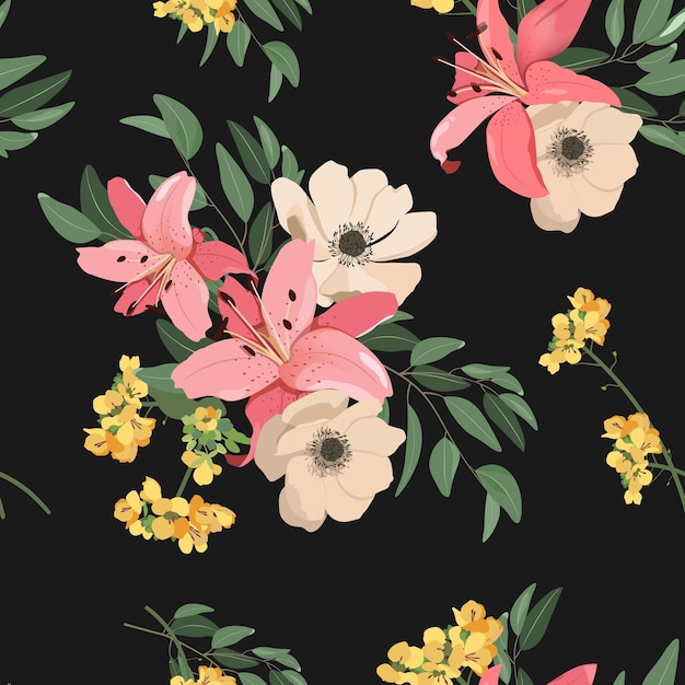 Schöne Lilien und Anemonen auf schwarzem Hintergrund Nahtlose Vektorillustration Für Dekoration von Textilien Verpackungswandpapier