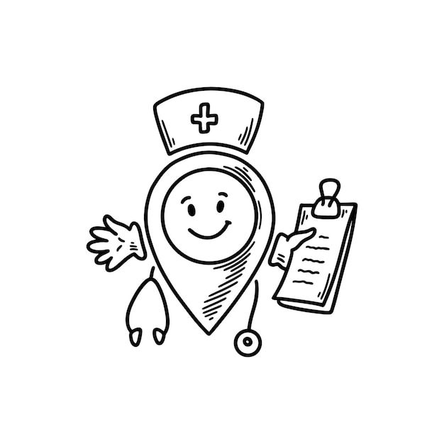 Schöne linien-droodle-krankenhaus-location-pin-emoji freihand-sketch-pinpunkt