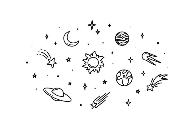 Schöne Linien-Dudle-Raum-Hintergrund-Kindliche Illustration Handgezeichnete Planeten Sonne Mond Sterne