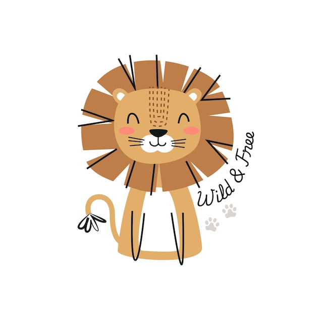 Schöne Löwe mit Schrift wild und frei Kindlicher und spielerischer Hintergrund Vektorillustration