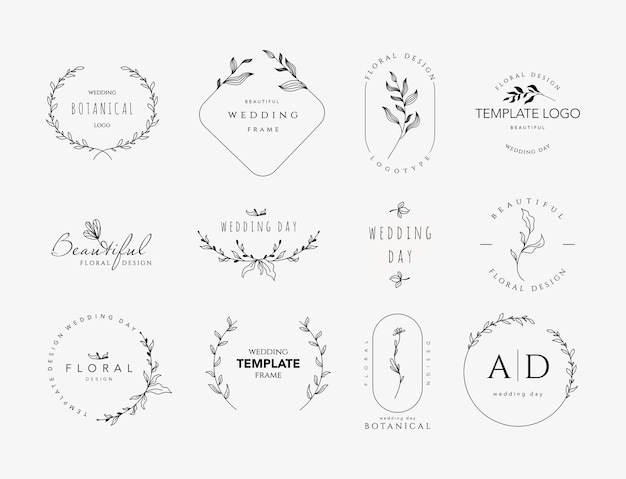 Schöne Logos mit floralen Ornamenten und Rahmen für Hochzeiten in der Schönheitsindustrie Vektor