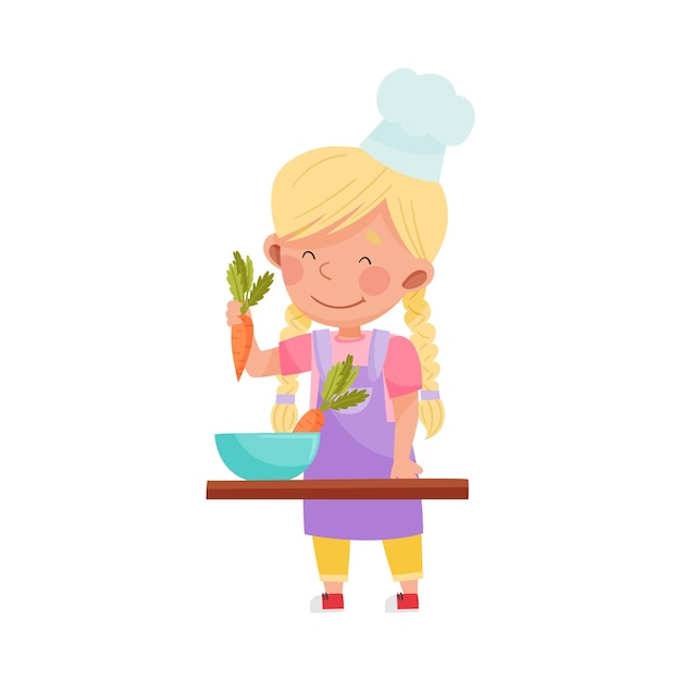 Vektor schöne mädchenfigur in hut und schürze steht am küchentisch und kocht salat vektor-illustration